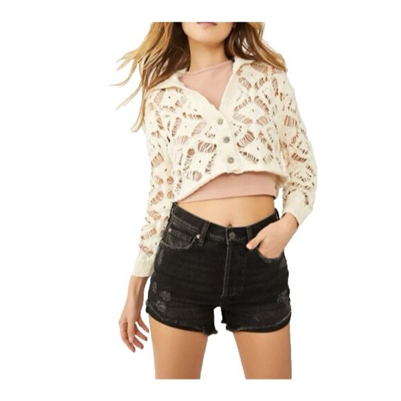 Free People Sedona Cardigan Sweater S Cream Crochet Collared Cropped Open Knit